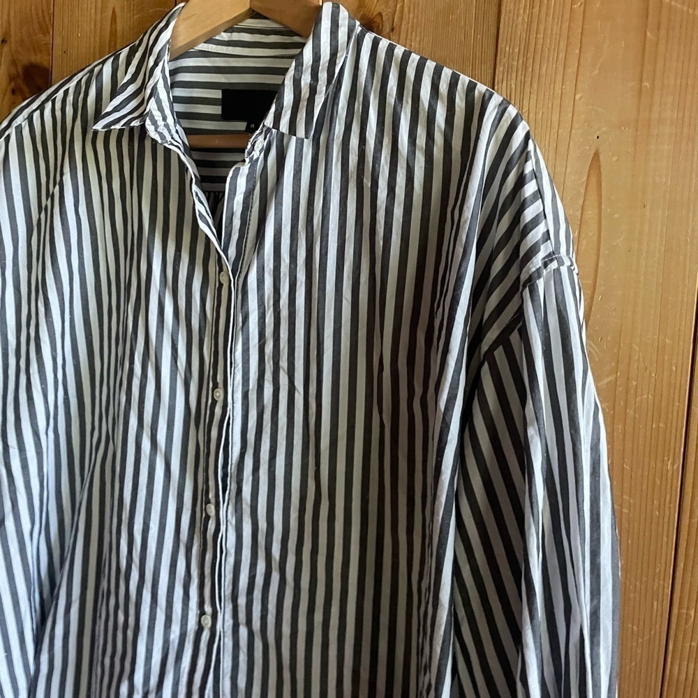 Nili Lotan 3/4 Sleeve Striped Button Shirt Gray - Picture 2 of 7